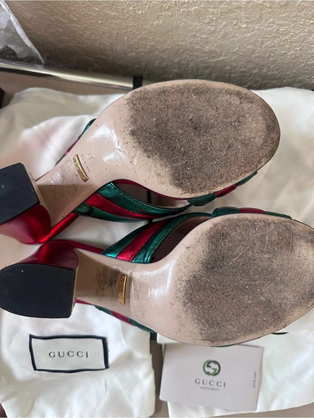 Gucci Metallic Teal and Fuchsia Crisscross Slide Mules - Picture 8 of 16